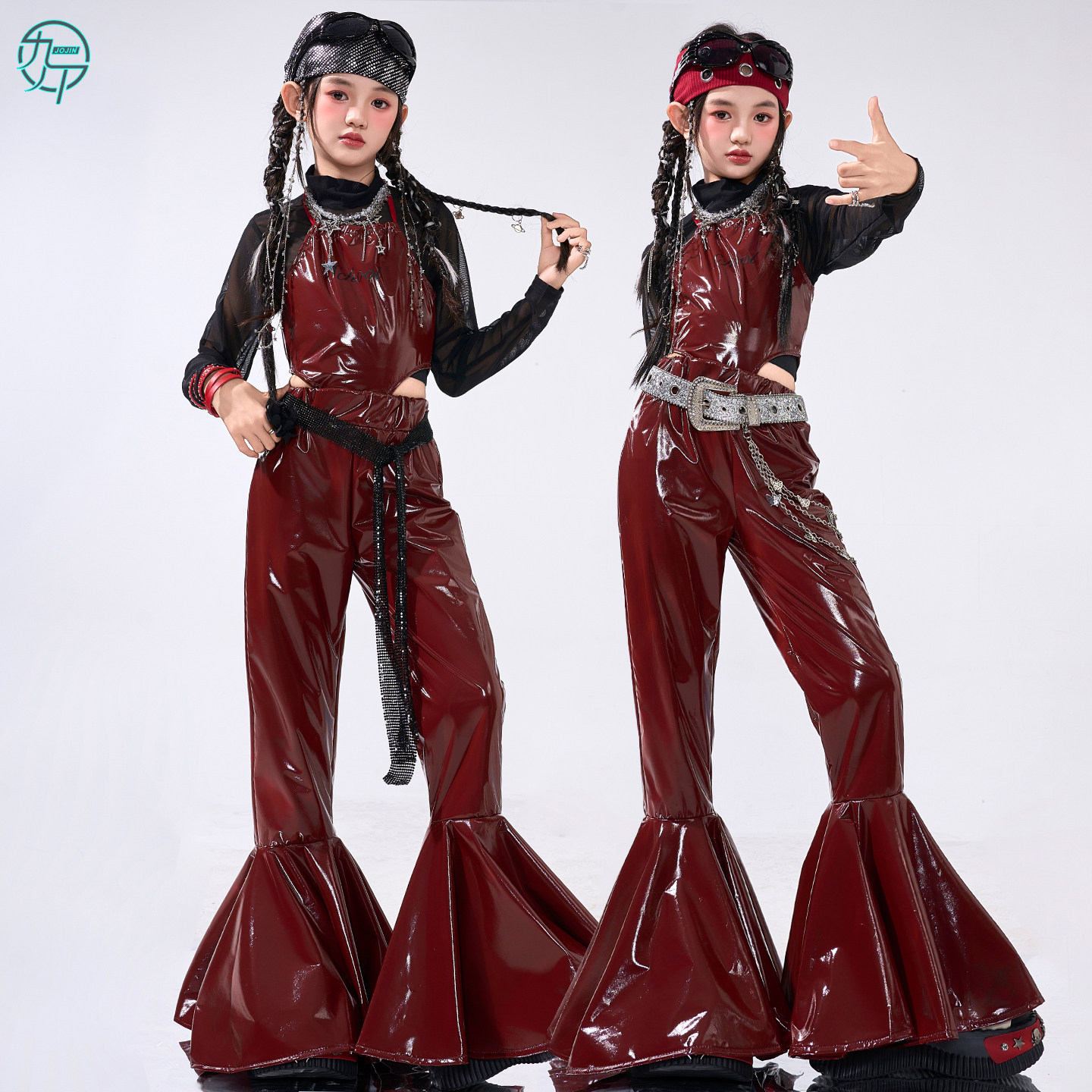 女童jazz爵士舞服辣妹时髦吊带喇叭皮裤走秀服女团打歌舞表演出服