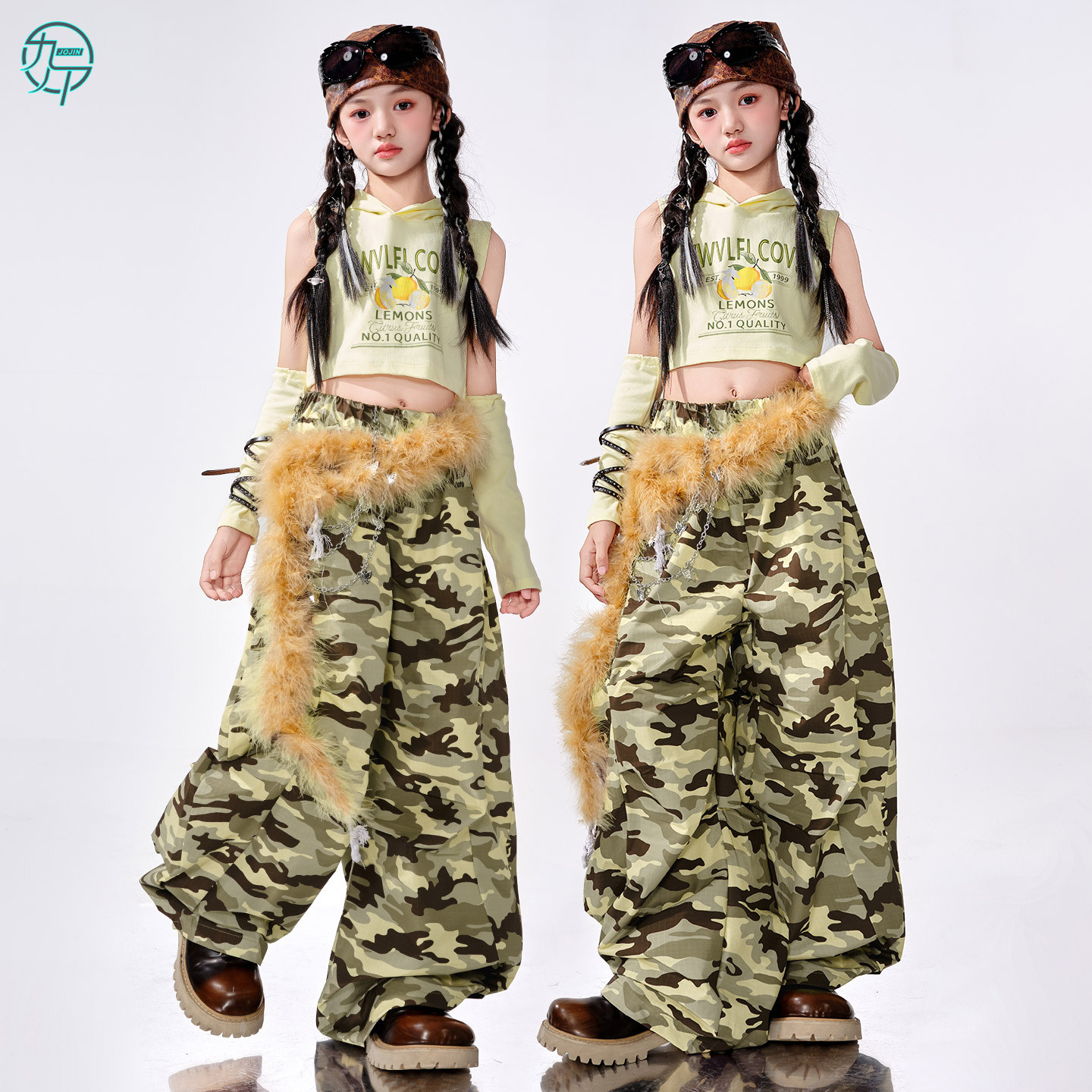 少儿爵士舞服装女童时髦连帽背心迷彩裤套装舞蹈服街舞走秀演出服
