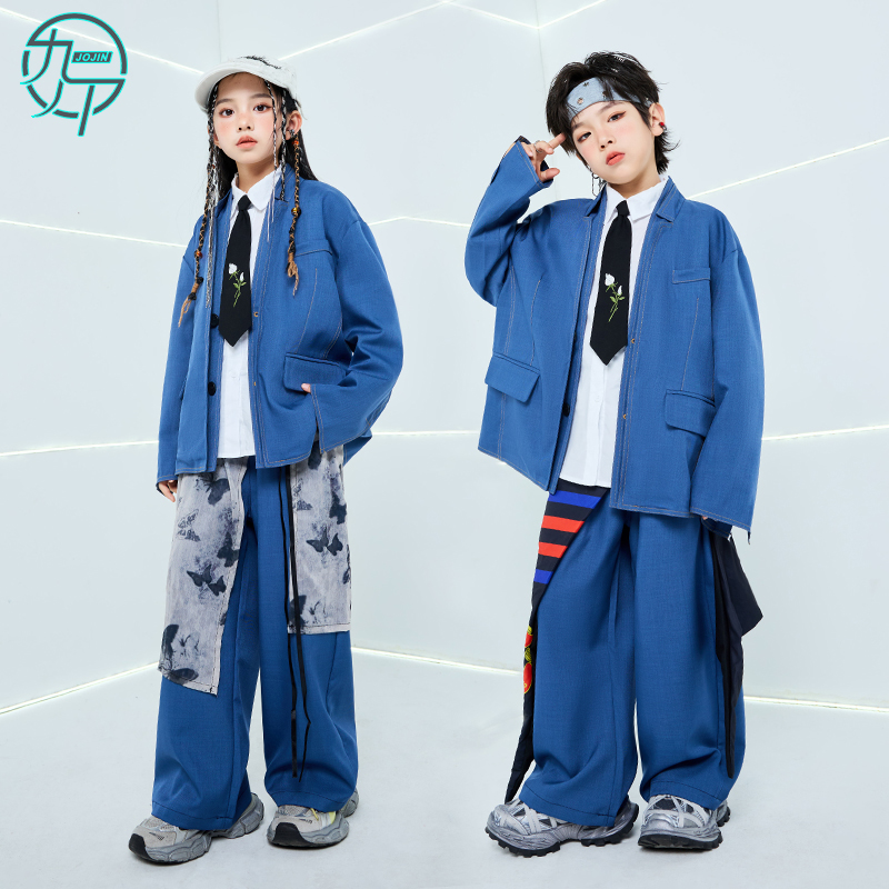 儿童蓝色西装popping街舞演出服