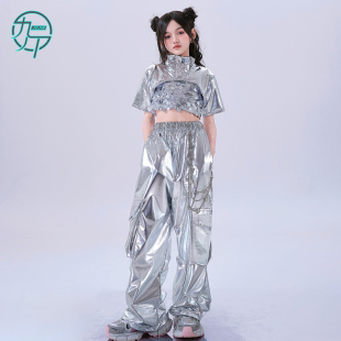 韩舞走秀潮服现代舞演出服 女童jazz爵士舞服女童潮酷时髦银色套装