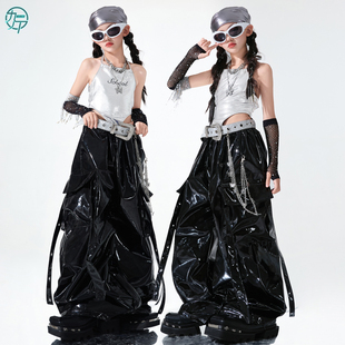 女团爵士舞服韩版 jazz舞蹈服女童街舞走秀演出服 辣妹银色吊带皮裤