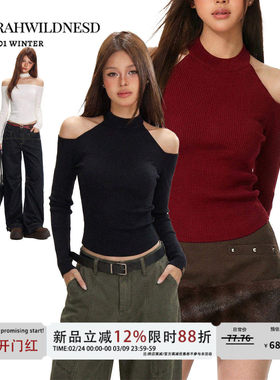 Sarahwildnesd 针织毛衣女辣妹修身露肩内搭打底衫t恤挂脖上衣