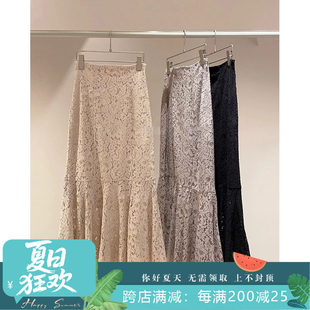 小泡芙日系春款 甜美优雅高腰显瘦蕾丝镂空鱼尾包臀半身长裙女 女装