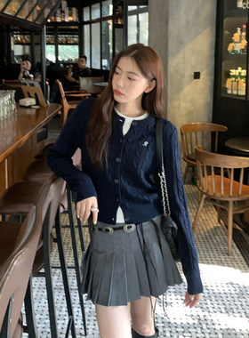 Halo Luu 藏青色麻花针织开衫外套女秋季毛衣韩系学院风修身上衣