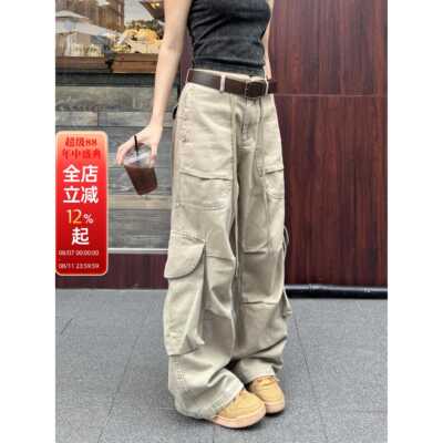XFX 美式覆古多口袋宽松直筒工装裤女酷飒风阔腿抽绳拖地长裤男潮