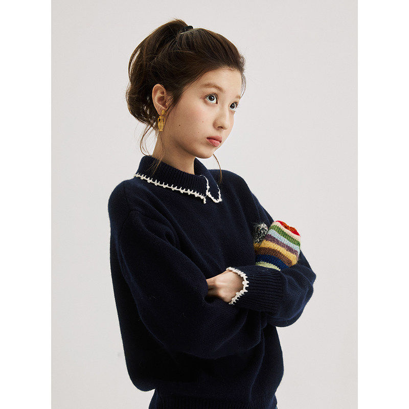 法式撞色钩花娃娃领毛衣针织打底衫女秋冬慵懒风立领翻领内搭上衣