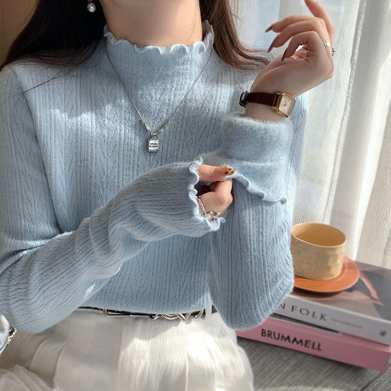 苏三三蓝色加绒毛衣女款2025新款冬季加厚内搭秋冬针织打底衫上衣