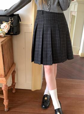 东京岁时记jk秋冬新款百褶A字半身裙覆古黑棕格子百褶裙中长裙女