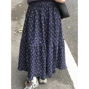 A字裙子 百搭蛋糕裙中长款 五是喜喜 花边拼接碎花半身裙女春秋韩版