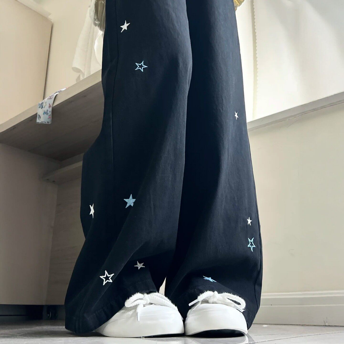 黑色星星刺绣阔腿牛仔裤女春季新款大码胖mm高腰宽松显瘦直筒长裤