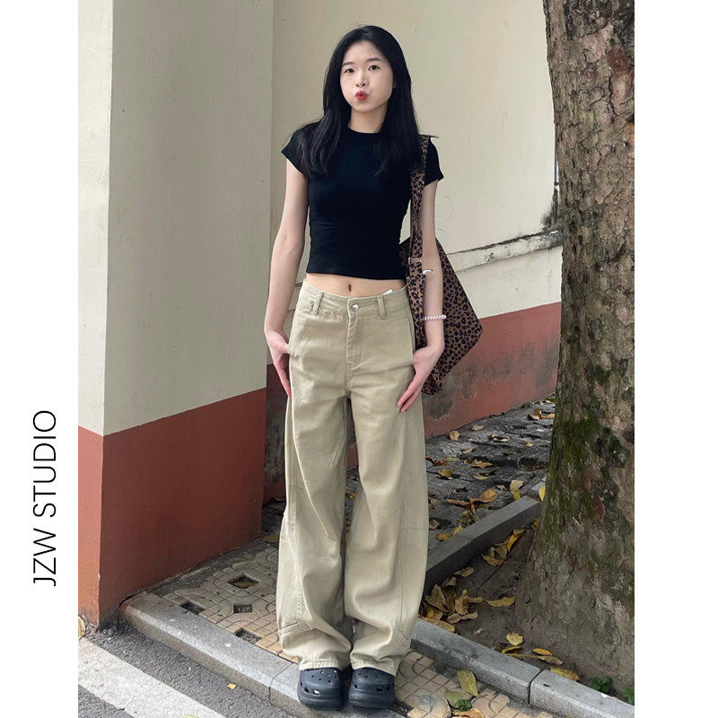 卡其色设计感拼接阔腿牛仔裤女春季宽松显瘦垂感小个子直筒拖地裤