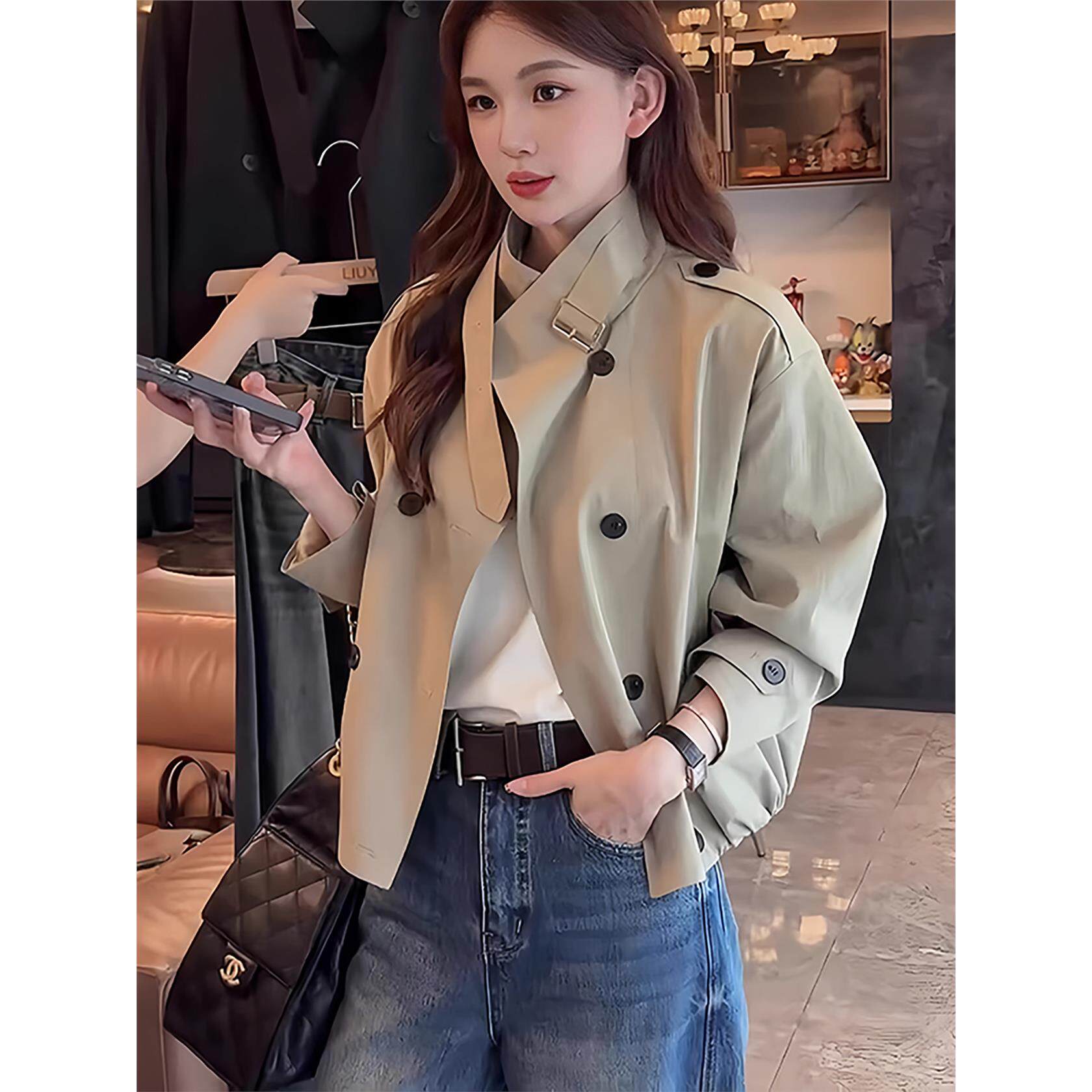 卡其色短款风衣外套女小个子春秋2025新款韩系高级感休闲立领夹克