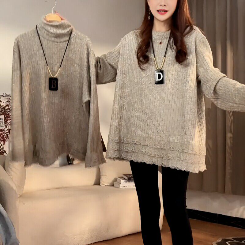 大码女装蕾丝加绒加厚保暖内搭打底衫上衣秋冬宽松中长款磨毛卫衣