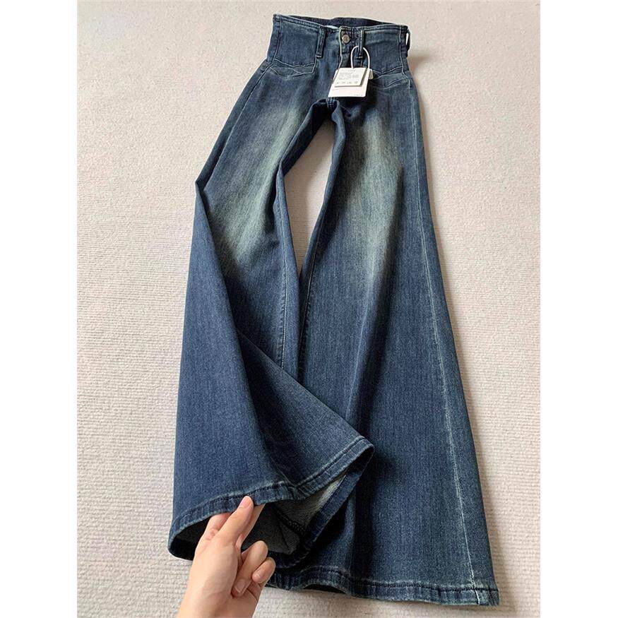 覆古蓝弹力微喇叭牛仔裤女大码秋季新款小个子高腰垂感阔腿拖地裤
