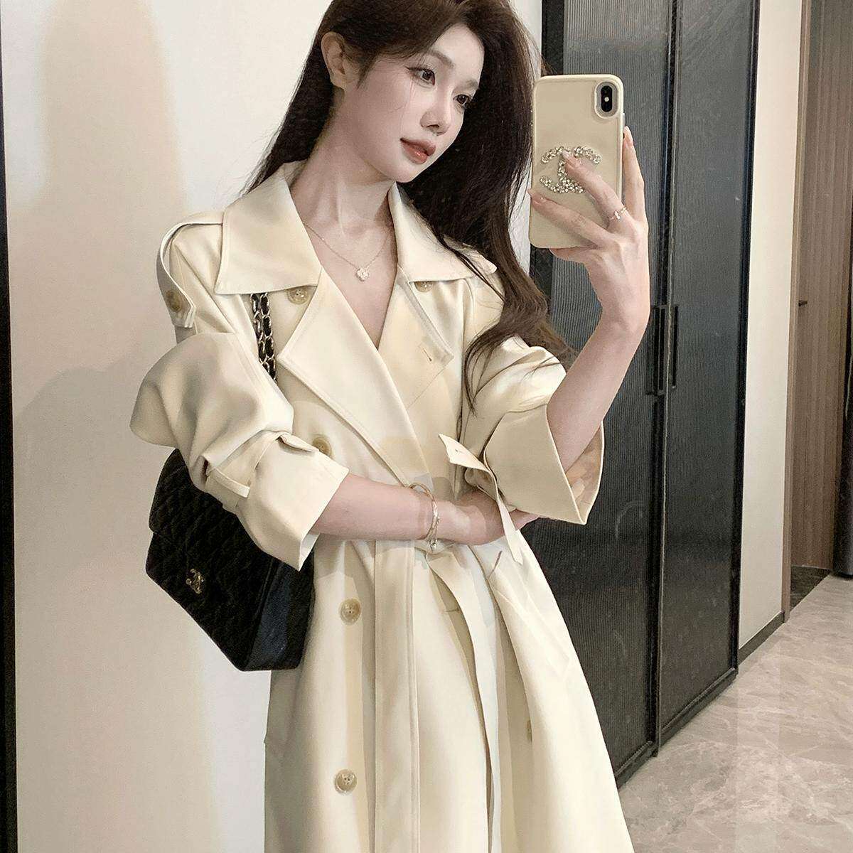 米白色风衣外套女2025春秋季新款中长版韩系气质小个子高级感大衣