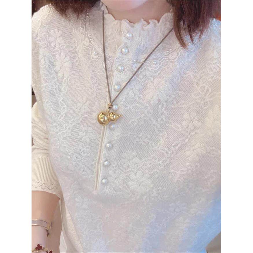 大码小香风针织衫木耳边钉珠蕾丝提花毛衣秋冬内搭打底衫气质上衣