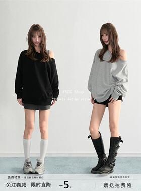 ARCG 黑色斜肩露肩卫衣女秋季美式慵懒辣妹长袖上衣早秋初秋穿搭