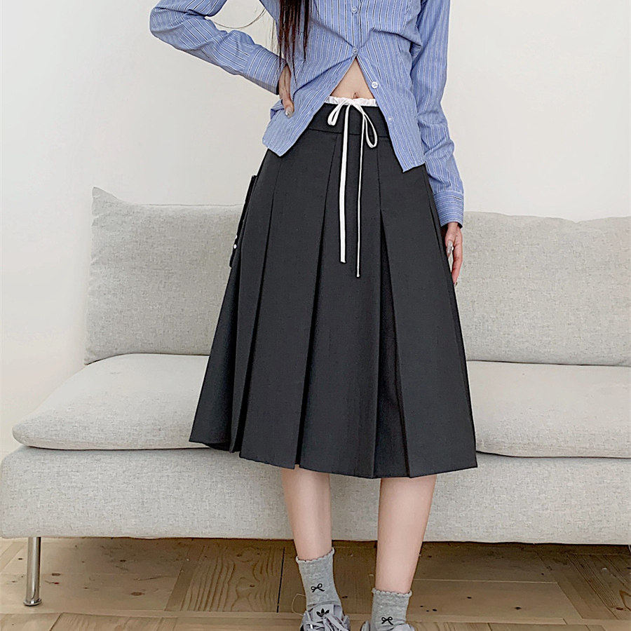 灰色学院风百褶裙女2025年春夏季新款高腰a字中裙显瘦西装半身裙