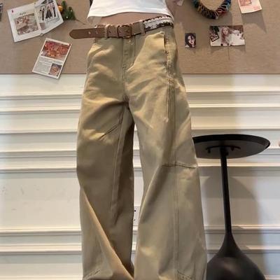 大码美式复古卡其色工装牛仔裤女高街设计感宽松阔腿垂感直筒长裤