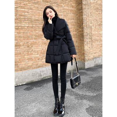 2025新款女装冬季修身收腰中长款羽绒服女小个子黑色显瘦翻领外套