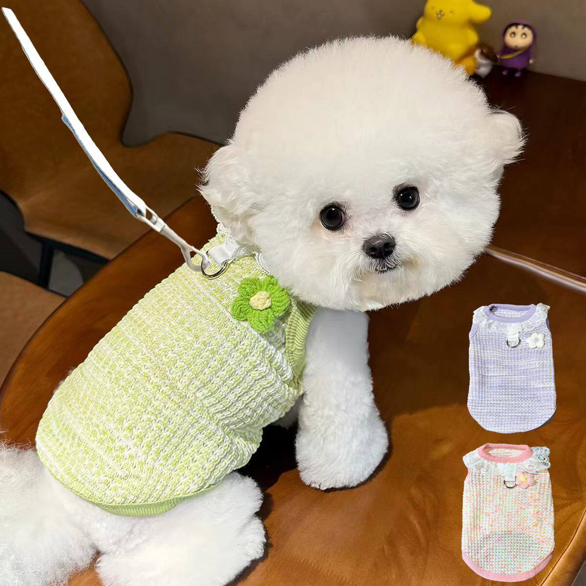 春秋花朵亲肤可牵引狗猫户外背心