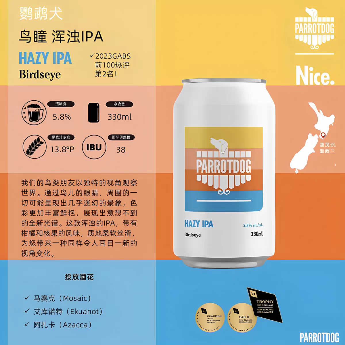 【6罐】新西兰鹦鹉犬鸟瞳浑浊IPA精酿啤酒330ml/罐25年5月生产