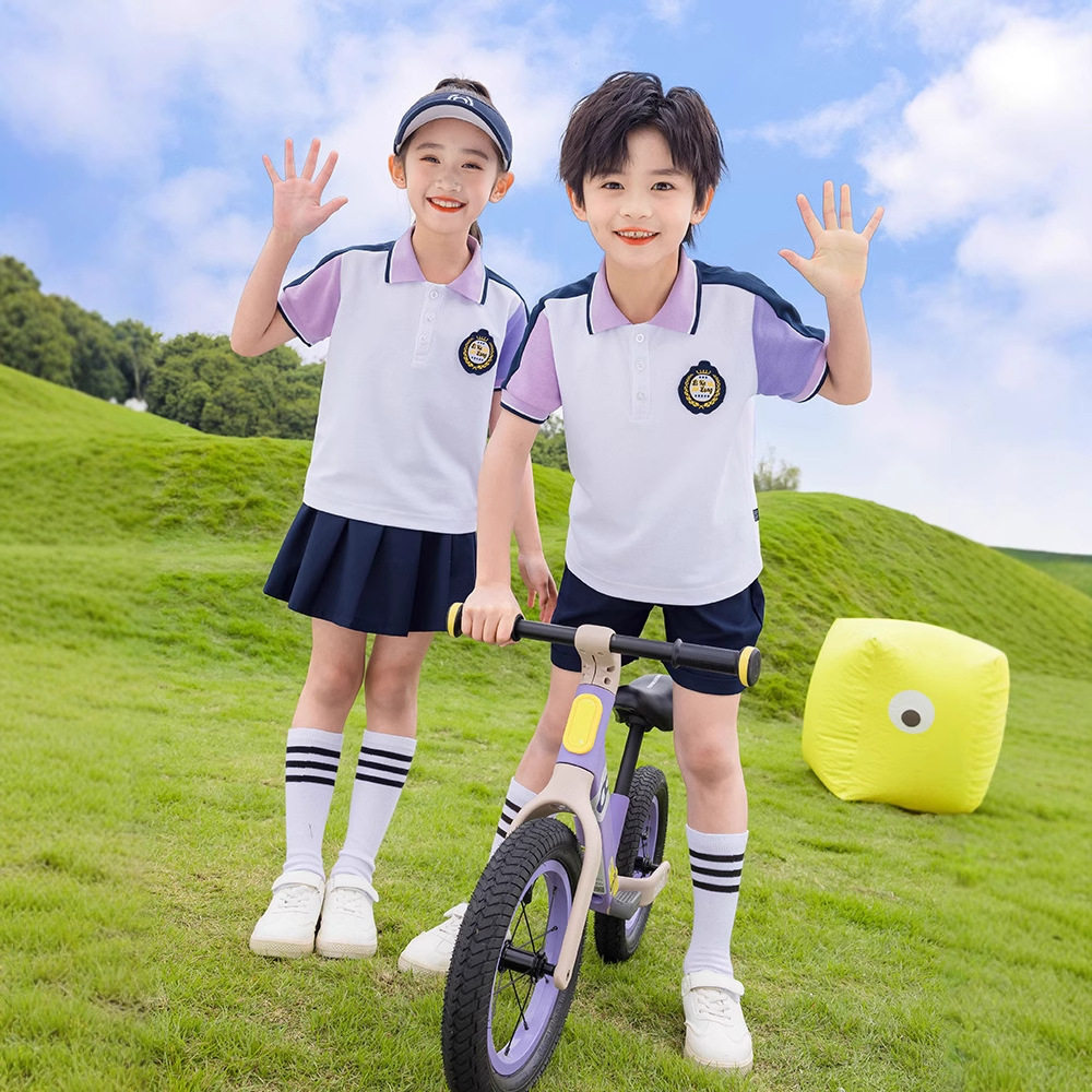 中小学生校服套装夏季短袖T恤翻领幼儿园园服班服三件套运动紫色