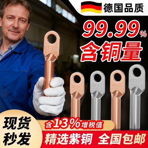 铜鼻子铜接头DT10/16/25/35/50/70-500平方接线端子堵油线耳鼻子
