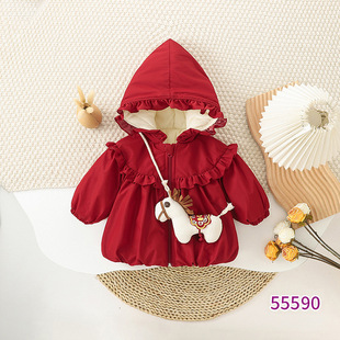 秋冬新款童装女童加绒连帽外套儿童加厚保暖棉袄生日拜年礼服