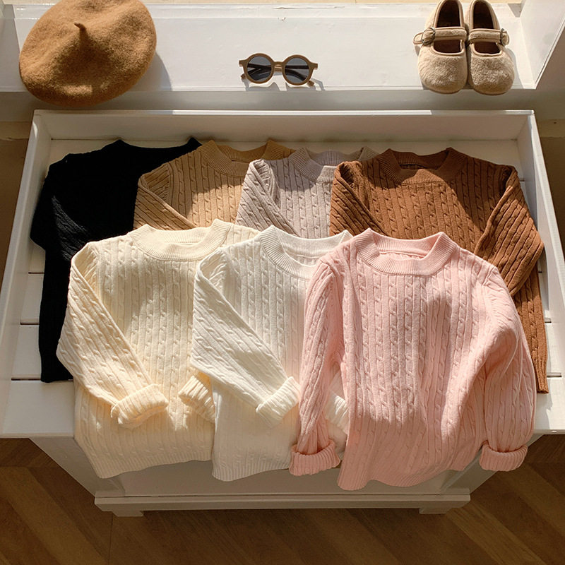 2025新款秋冬儿童毛线套头毛衣男女童纯色打底韩版麻花圆领针织衫