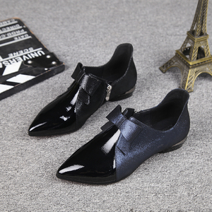 欧货2023春款真皮深口粗跟单鞋女尖头时尚拼色蝴蝶结低跟女鞋中跟