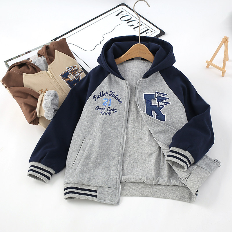 男童秋冬季棒球服中大童两层棉内里休闲外套拉链帽衫宽松卫衣