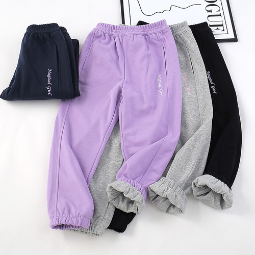 女童双层保暖卫裤儿童秋冬季舒适透气长裤中大童纯棉内里运动裤