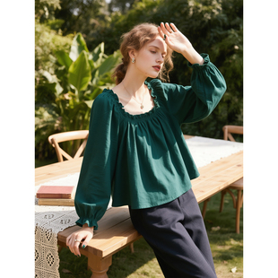 深绿色方领泡泡袖衬衫女2026年春季新款港风复古衬衣显瘦气质上衣