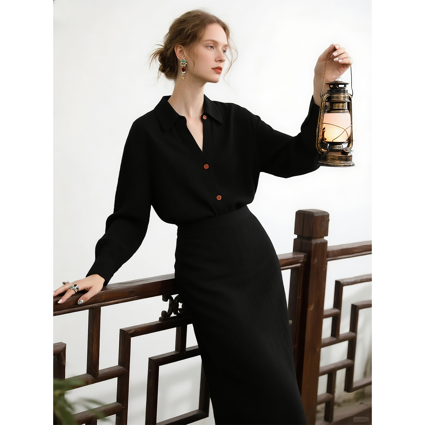 黑色亚麻套装裙女2025秋季两件套