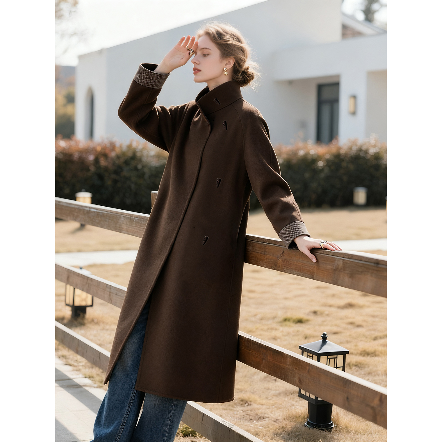 复古咖色立领羊毛毛呢外套女2025