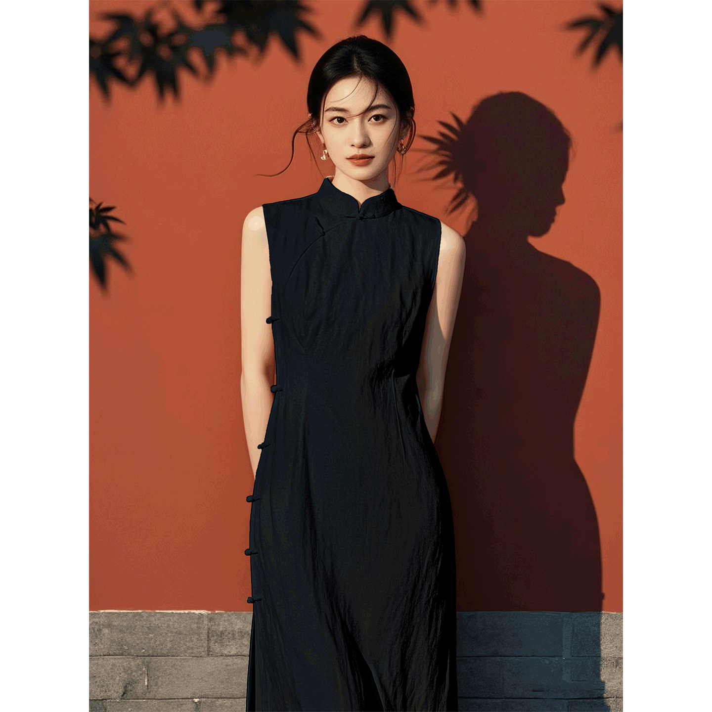 黑色无袖旗袍连衣裙女夏季