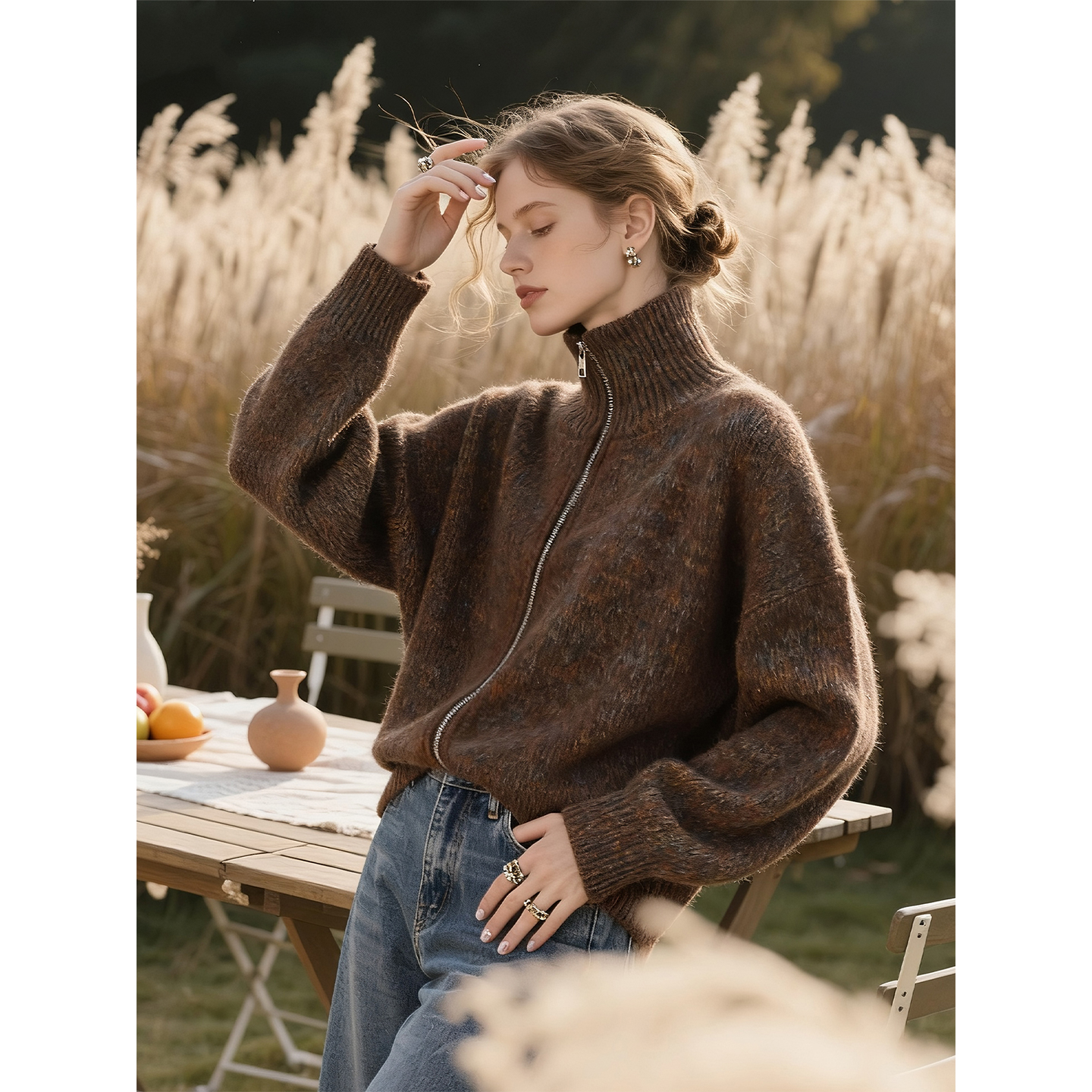 咖啡色立领羊毛针织开衫女2025年