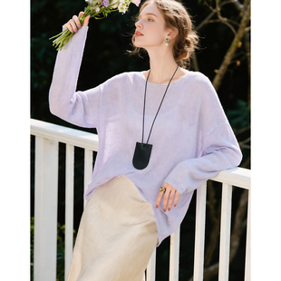 紫色圆领天丝亚麻T恤女2026年春季新款法式温柔风舒适透气打底衫