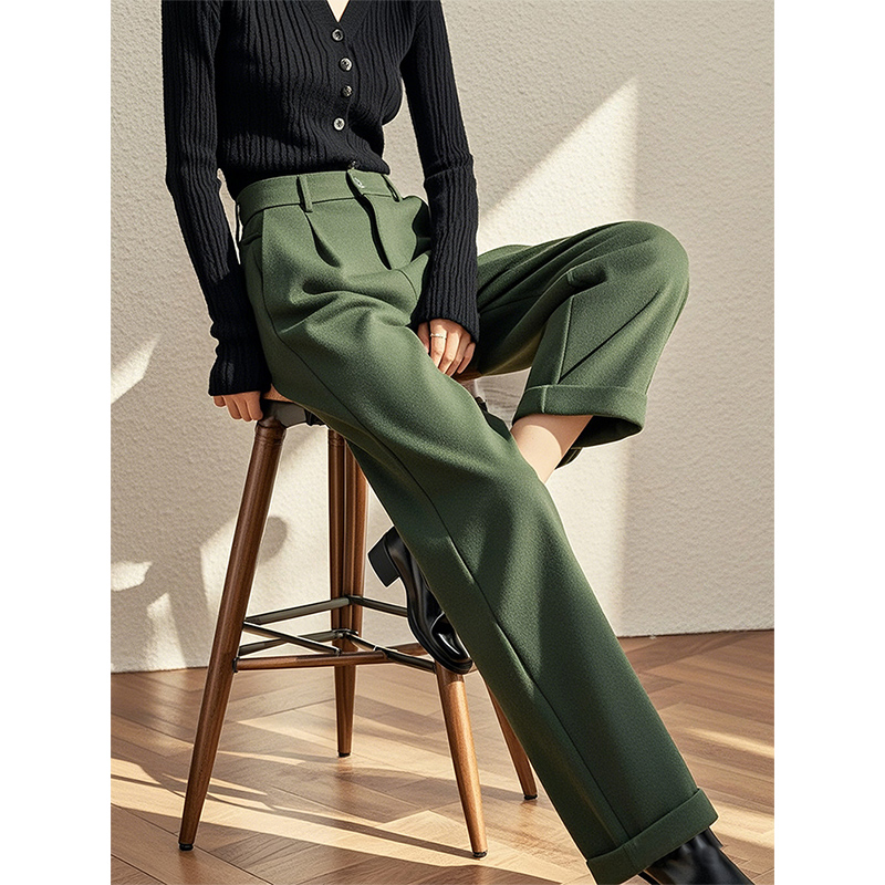 墨绿色高腰直筒裤毛呢西装裤长裤