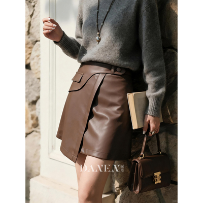 咖色高腰PU皮裙半身裙女2025秋冬