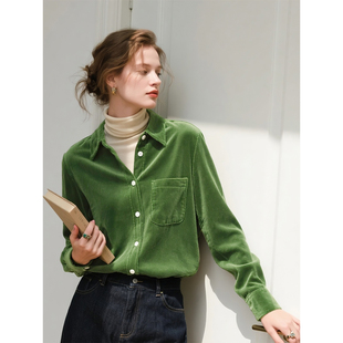 绿色灯芯绒衬衫女2026年秋冬新款复古百搭磨毛衬衣内搭叠穿上衣