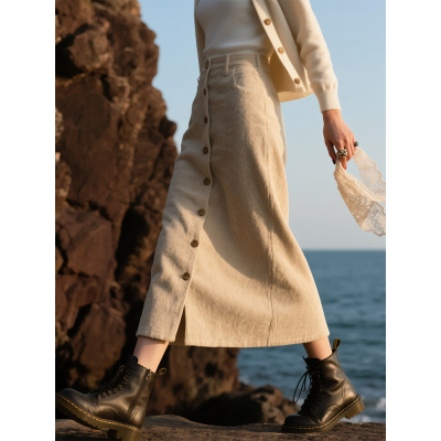 卡其色灯芯绒半身裙女2025年秋冬