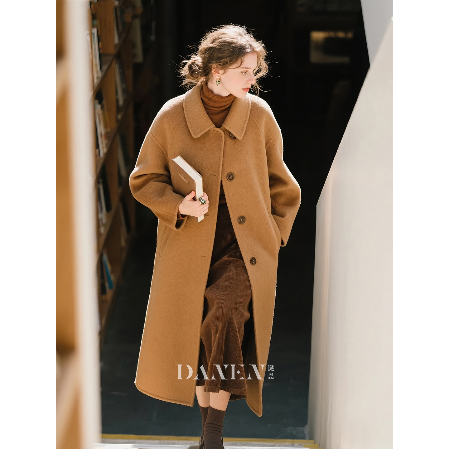 驼色羊毛双面呢大衣单排扣长大衣
