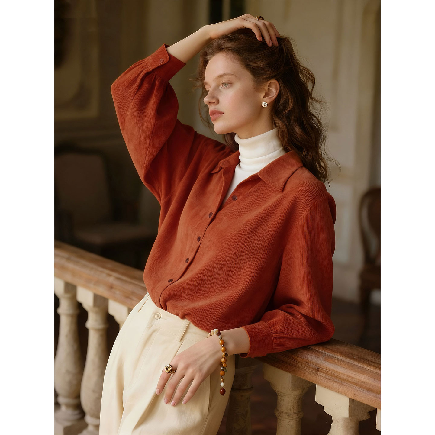 橘色磨毛翻领衬衫女2025年