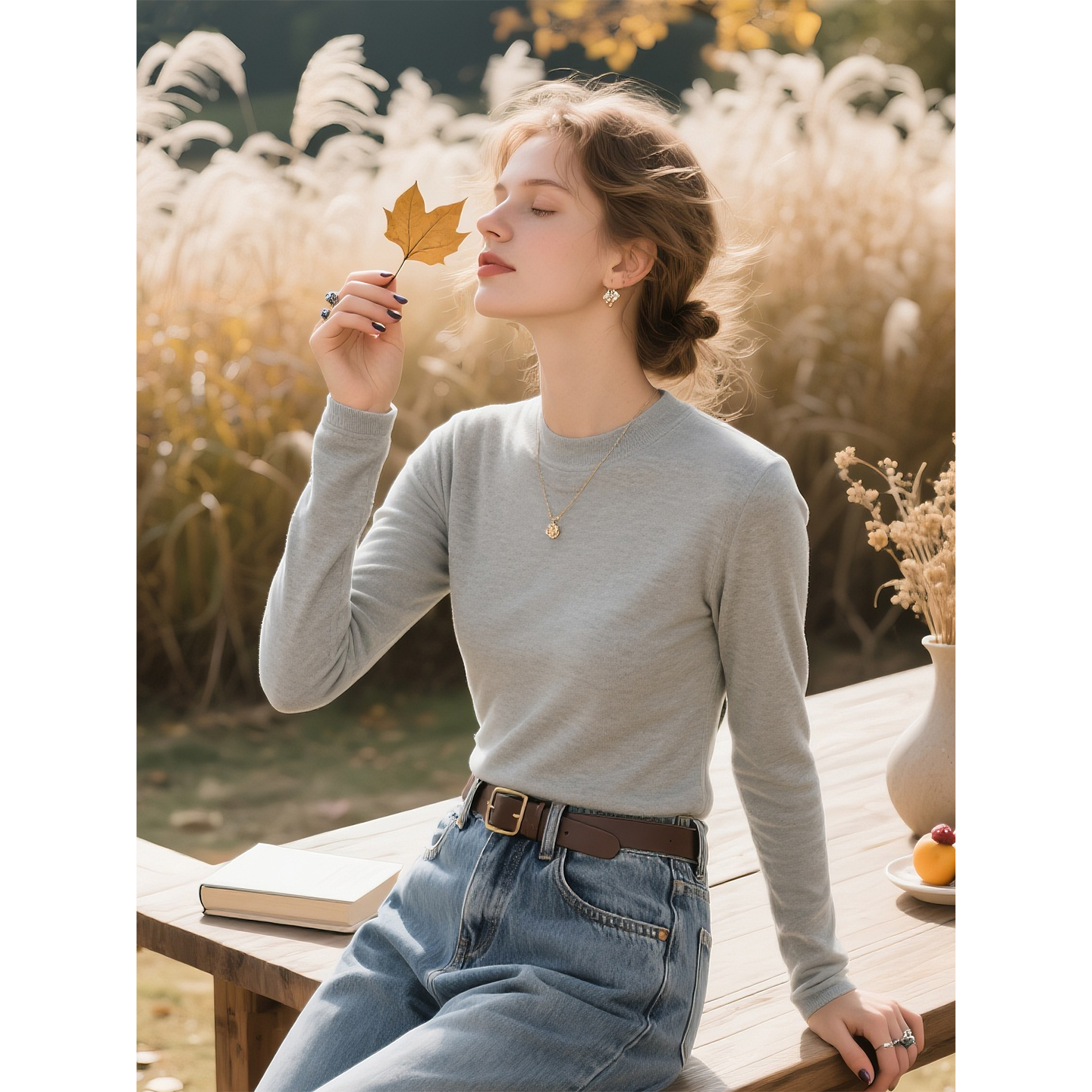 灰色圆领长袖德绒打底衫女2025年