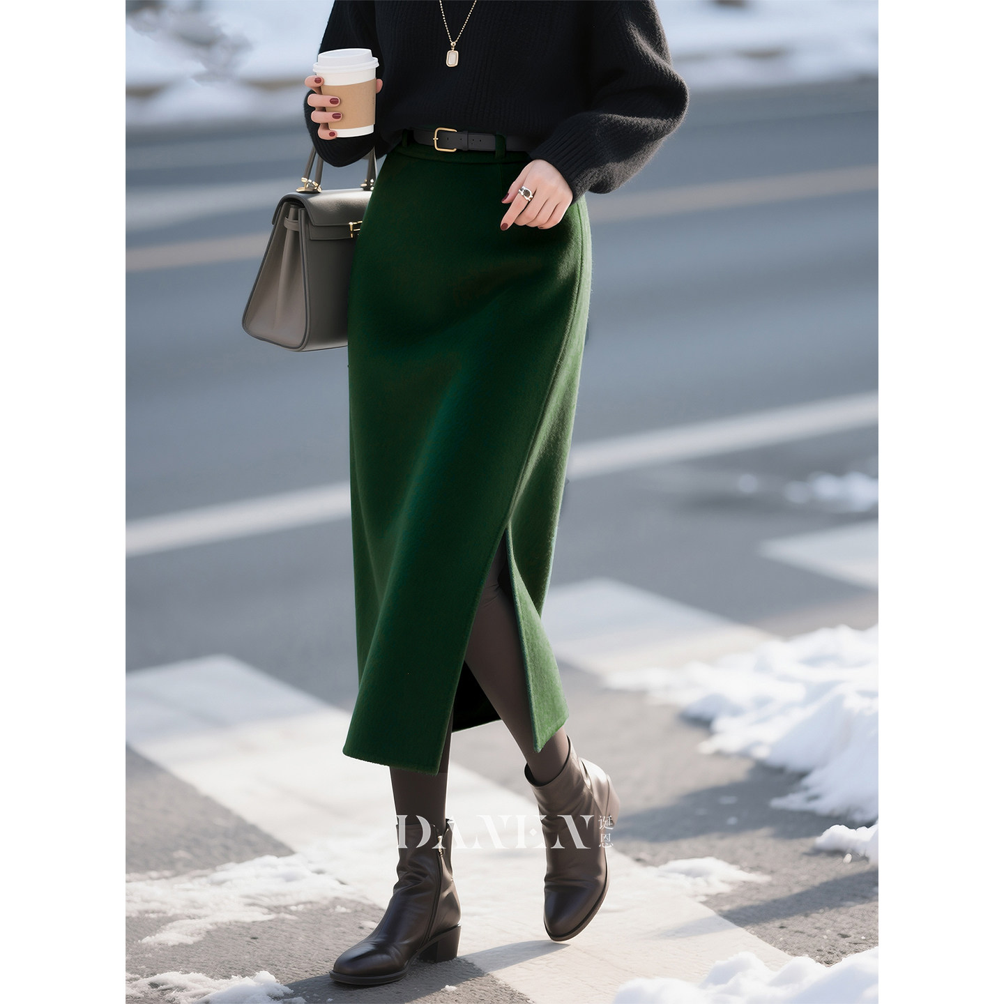 墨绿色半身裙女2025秋冬新款法式