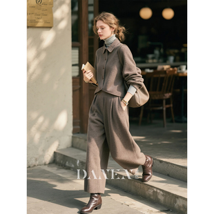 灰棕色羊毛毛呢套装女秋冬新款阔腿裤两件套2026超火冬装一整套