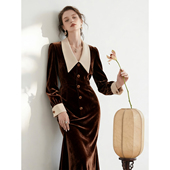 长袖 法式 赫本风咖色丝绒连衣裙女2026年秋冬新款 巨好看百搭裙子
