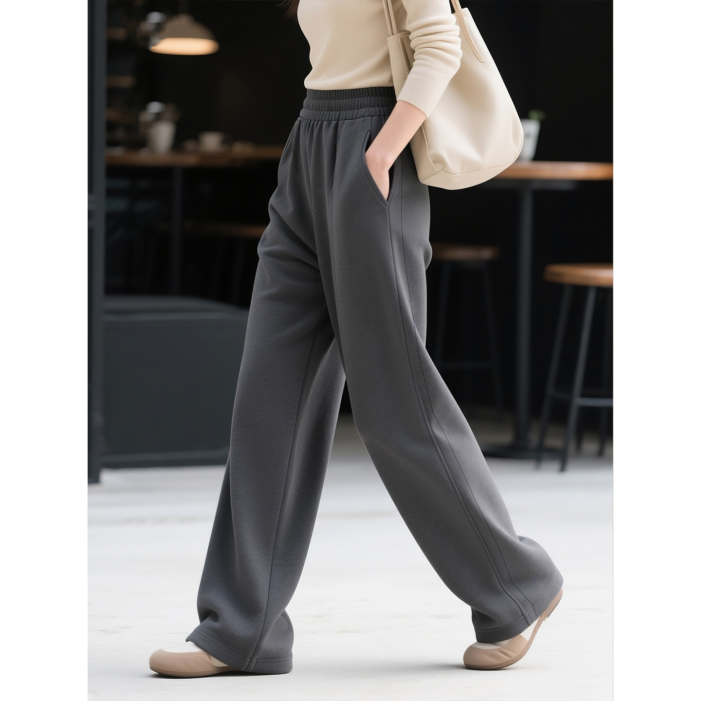 灰色醋酸羊毛卫裤女2025年秋冬